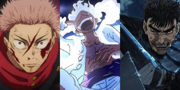 Yuji from 'Jujutsu Kaisen' (Left) (MAPPA), Gear 5 Luffy (Middle) from 'One Piece' (Toei Animation), Guts from 'Berserk' (Right) (Studio GEMBA)