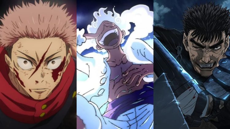 Yuji from 'Jujutsu Kaisen' (Left) (MAPPA), Gear 5 Luffy (Middle) from 'One Piece' (Toei Animation), Guts from 'Berserk' (Right) (Studio GEMBA)