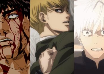 Guts (Left) watches Casca get abused in 'Berserk' (Studio Eclypse), Eren Pins Armin (Middle) down in a fight in 'Attack On Titan' (MAPPA), Gojo watches Geto turn to the dark side in 'Jujutsu Kaisen' (MAPPA)