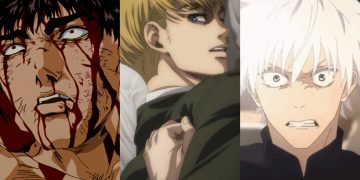 Guts (Left) watches Casca get abused in 'Berserk' (Studio Eclypse), Eren Pins Armin (Middle) down in a fight in 'Attack On Titan' (MAPPA), Gojo watches Geto turn to the dark side in 'Jujutsu Kaisen' (MAPPA)