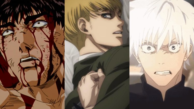 Guts (Left) watches Casca get abused in 'Berserk' (Studio Eclypse), Eren Pins Armin (Middle) down in a fight in 'Attack On Titan' (MAPPA), Gojo watches Geto turn to the dark side in 'Jujutsu Kaisen' (MAPPA)