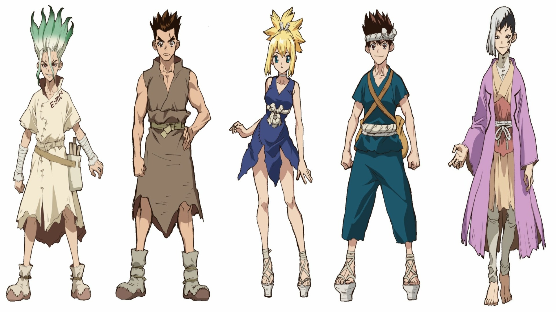 The Main Characters In Dr Stone - Ishigami Senkuu, Ooki Taiju, Kohaku, Chrome, And Asagiri Gen Respectively (TMS Entertainment)