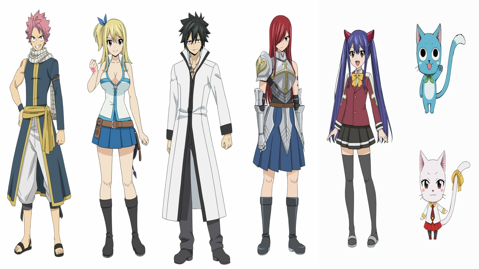 The Main Characters In Fairy Tail 100 Years Quest - Natsu Dragneel, Lucy Heartfilia, Grey Fulbuster, Ezra Scarlett, Wendy Marvell, Happy, And Charles Respectively (J.C.Staff)