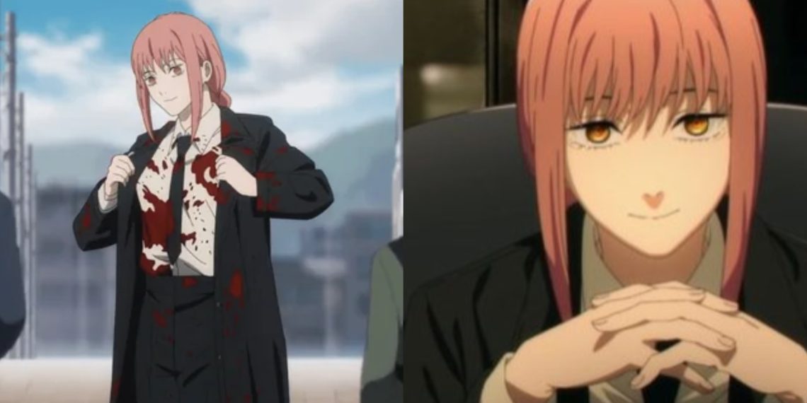 Makima (Right) in her trademark black trench coat (Left) from 'Chainsaw Man' (MAPPA)