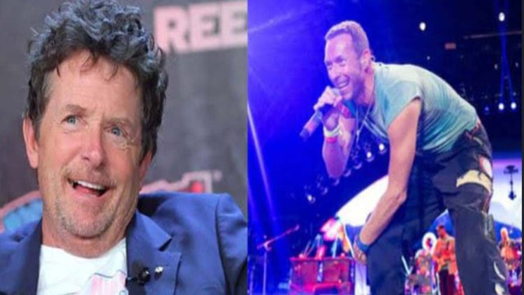 Dual perfomance onstage: Michael J. Fox and Chris Martin