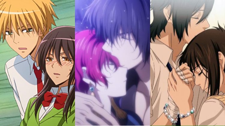 Usui catches Misaki (Left) in 'Kaichou Wa Maid Sama' (J.C.Staff), Hak kisses a sleeping Yona (Middle) in 'Yona Of The Dawn' (Studio Pierrot), Yamato and Mei have a moment in 'Say "I Love You" (Right) (Studio Zexcs)