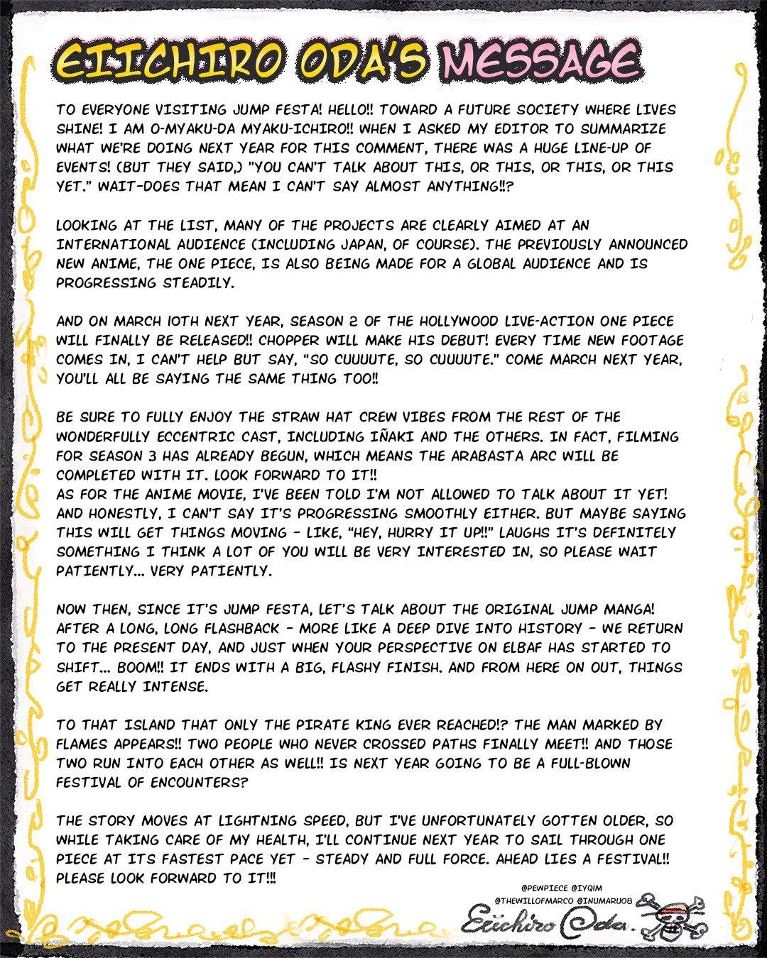 The Flame of Elbaf: Oda’s letter warns of a challenging production year ahead. (Photo by Kenji Sato)