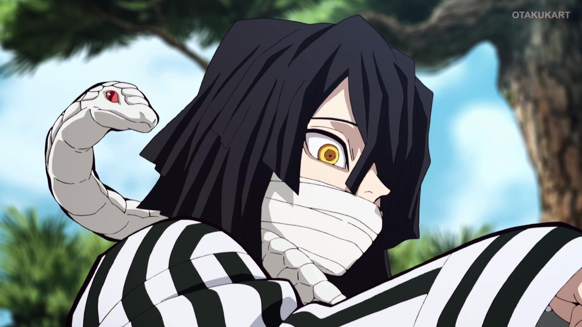 Obanai Iguro, the Serpent Hashira from Demon Slayer: Kimetsu no Yaiba, with his white snake Kaburamaru.