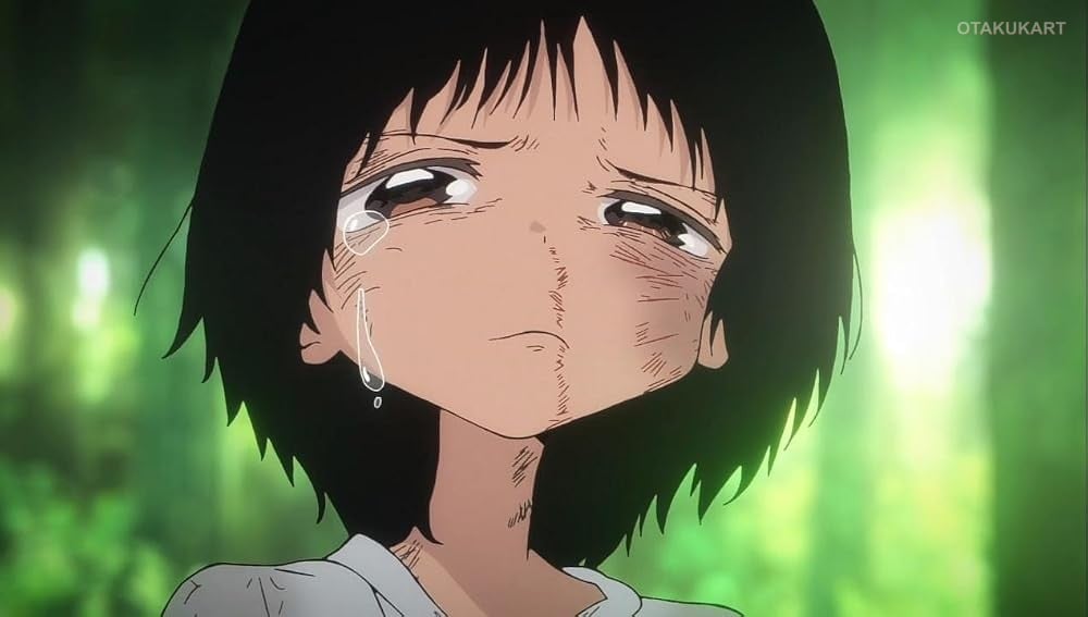 Shizuka Kuze cries after enduring bullying in Takopi's Original Sin, highlighting the anime's emotional story and childlike art style.
