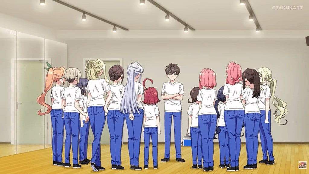 Rentaro stands surrounded by his growing family of girlfriends in The 100 Girlfriends Who Really, Really, Really, Really, Really Love You Season 3.