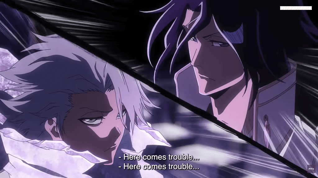 Toshiro Hitsugaya and Byakuya Kuchiki from Bleach anime standing side by side with serious expressions