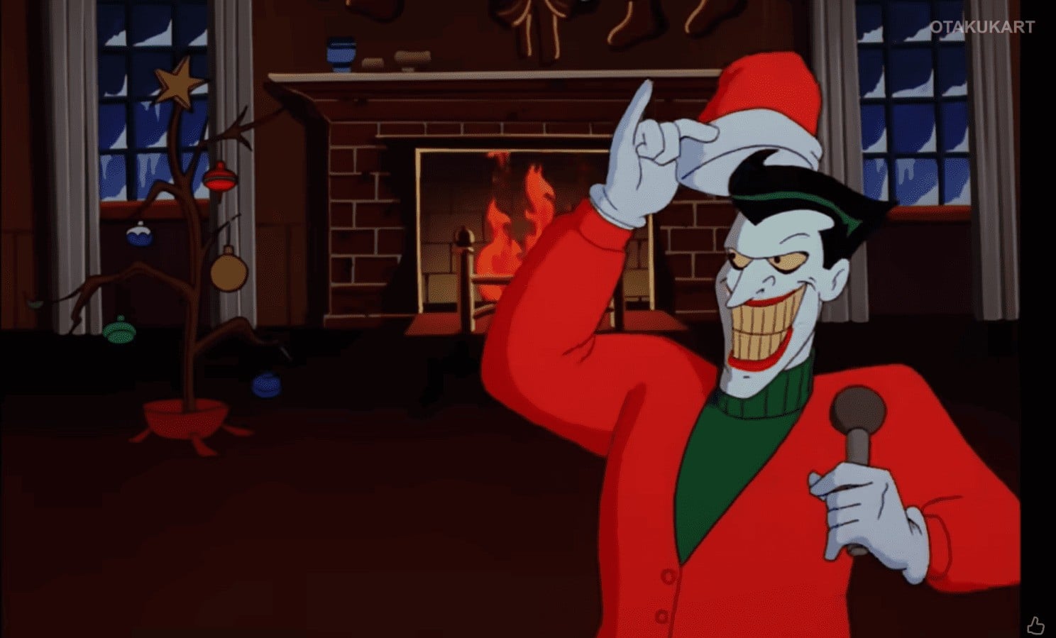 Joker wearing a Santa hat and red Christmas sweater while singing with a microphone in front of a cozy fireplace and a decorated Christmas tree
