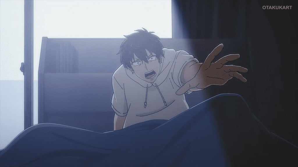 Takemura looking shocked in his bedroom 