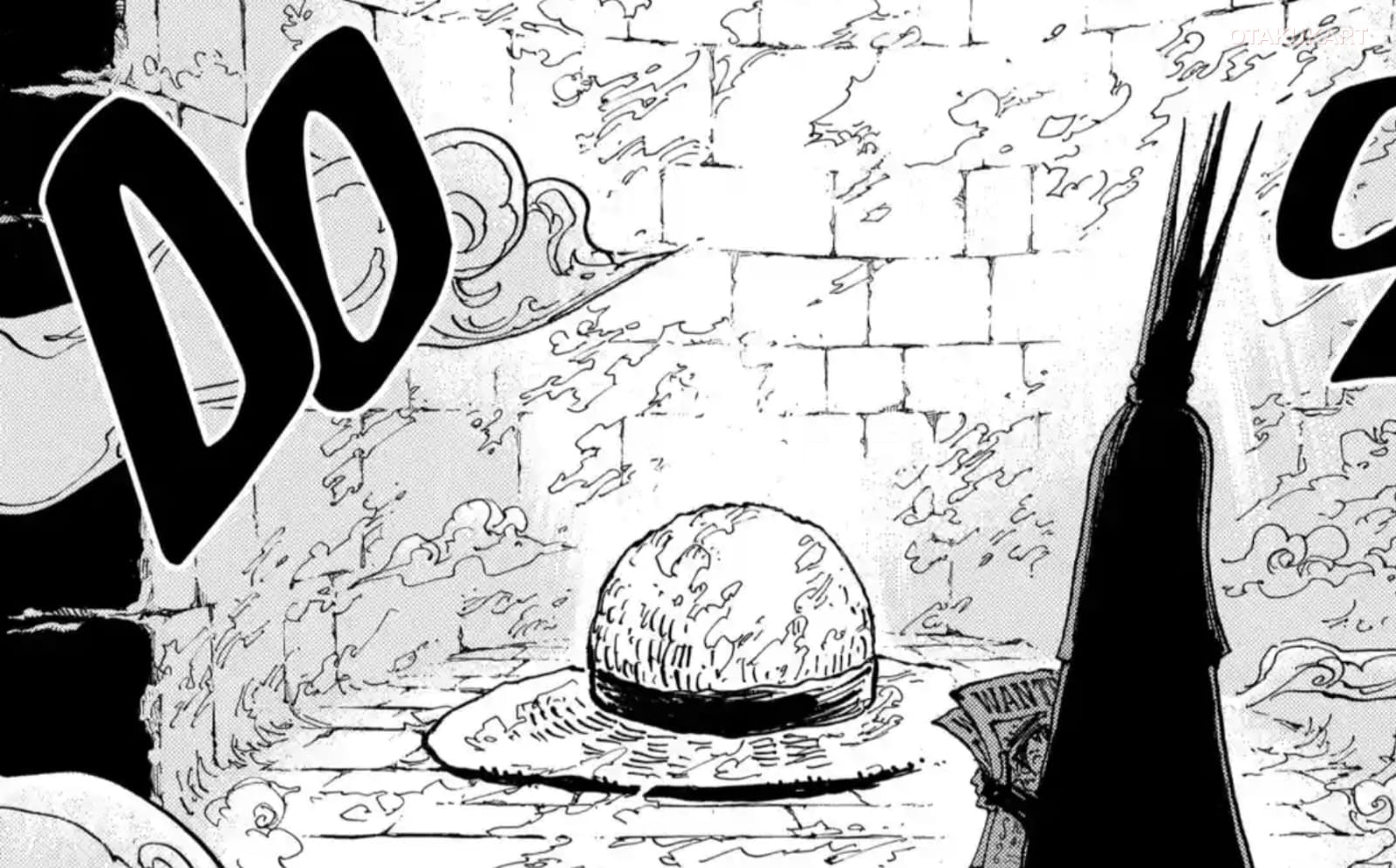 St. Nerona Imu, the King of the World, standing before Joy Boy's giant straw hat