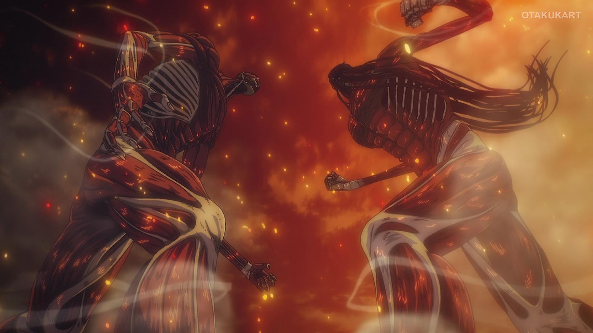 The Female Titan and Armored Titan face each other in a fiery battle scene from Attack on Titan: The Last Attack.