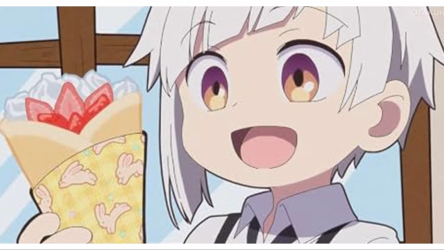 Chibi Atsushi Nakajima holds a strawberry crepe in Bungo Stray Dogs WAN! Season 2.