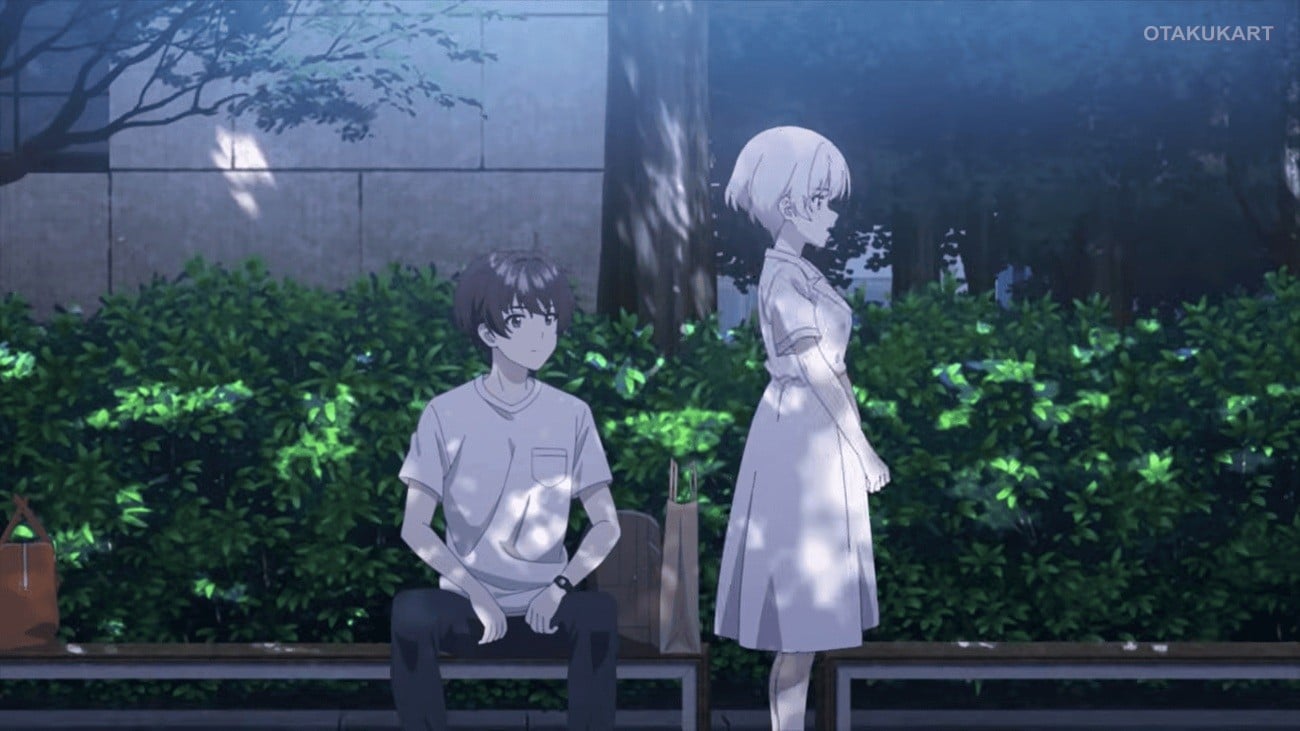 Saku Chitose sits on a park bench as Yuko Hiiragi stands beside him during a quiet evening scene in Chitose Is in the Ramune Bottle.