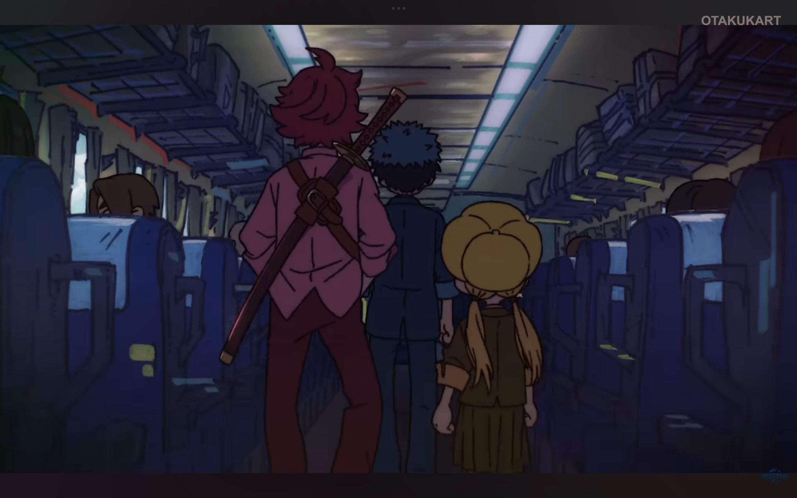 Chrono, Fate Rewinder, and their companions walk through a passenger train in the Fate Rewinder anime trailer released by Studio 4°C.