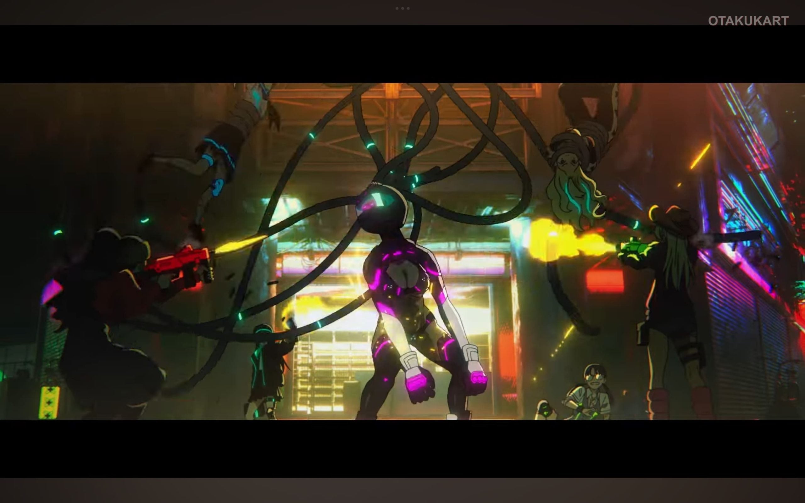 A cybernetic creature faces armed fighters in a neon-lit city in the Grotesqqque anime teaser.