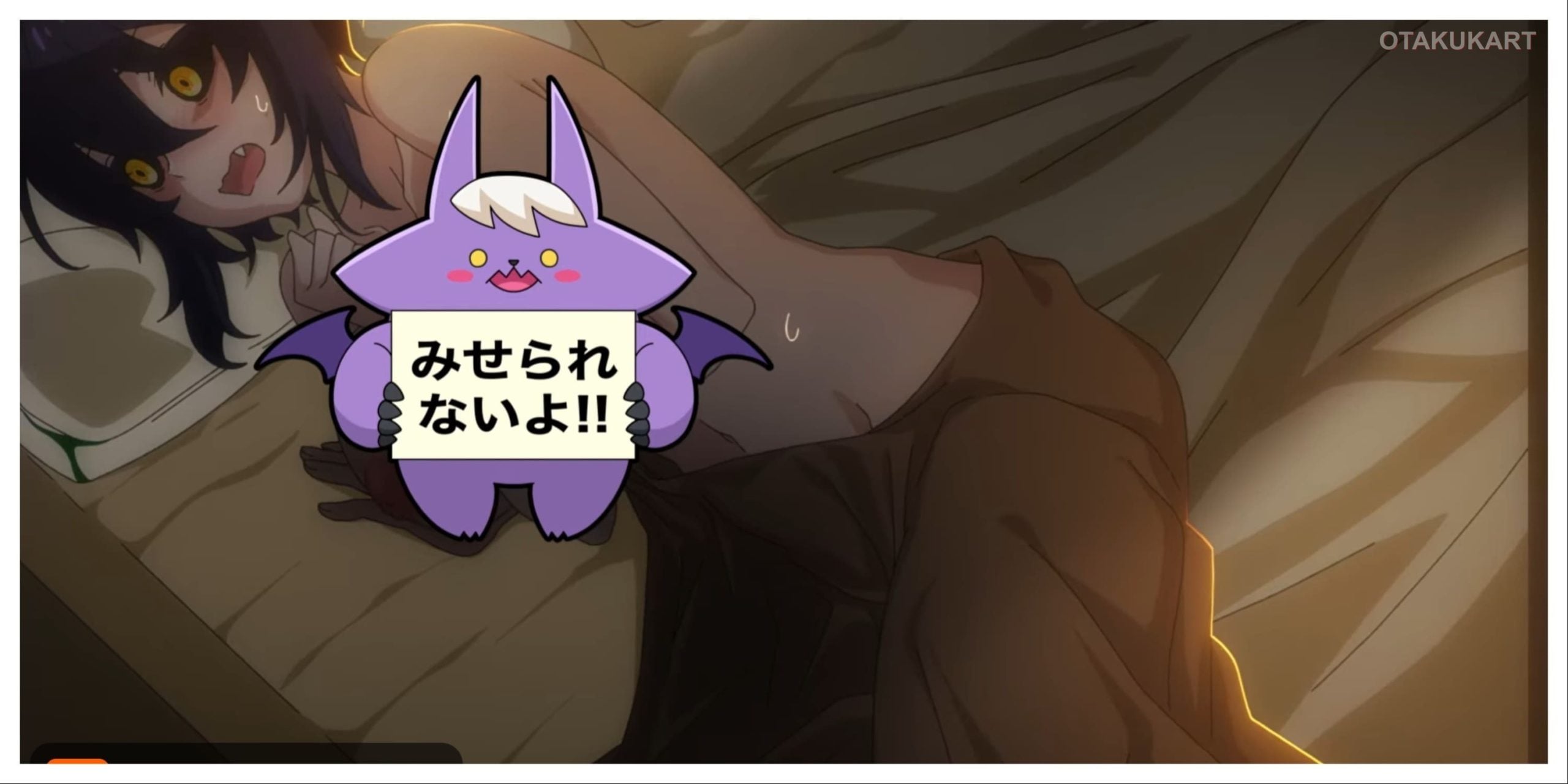 Amona reacts in a comedic scene from I'm Dating a Dark Summoner as a mascot covers part of the frame.