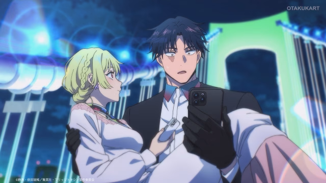 Hikaru Gero and Mei Kinosaki pose for a selfie during a nighttime date in MARRIAGETOXIN anime.