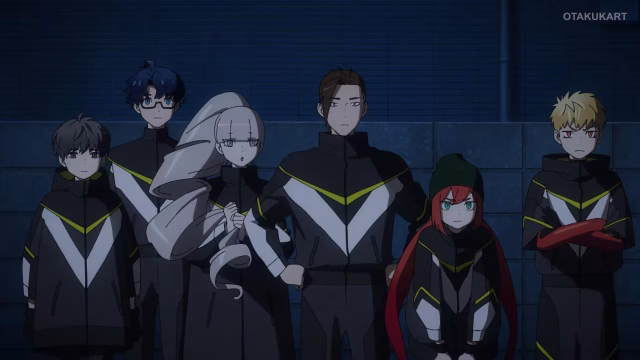Members of Police Hopper stand together in matching uniforms in Mebius Dust, including Araki, Stella, Olga, and their teammates.