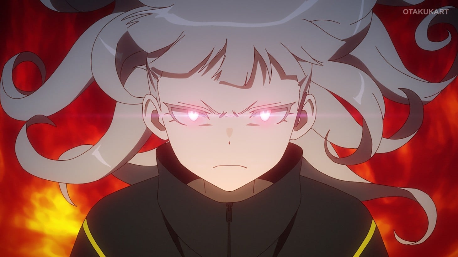 Stella activates her mysterious Rammus powers in Mebius Dust, her glowing eyes standing out against a fiery backdrop.