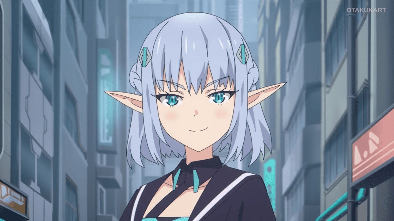 Elf girl with silver hair smiles in a futuristic city in Reborn as a Space Mercenary anime.