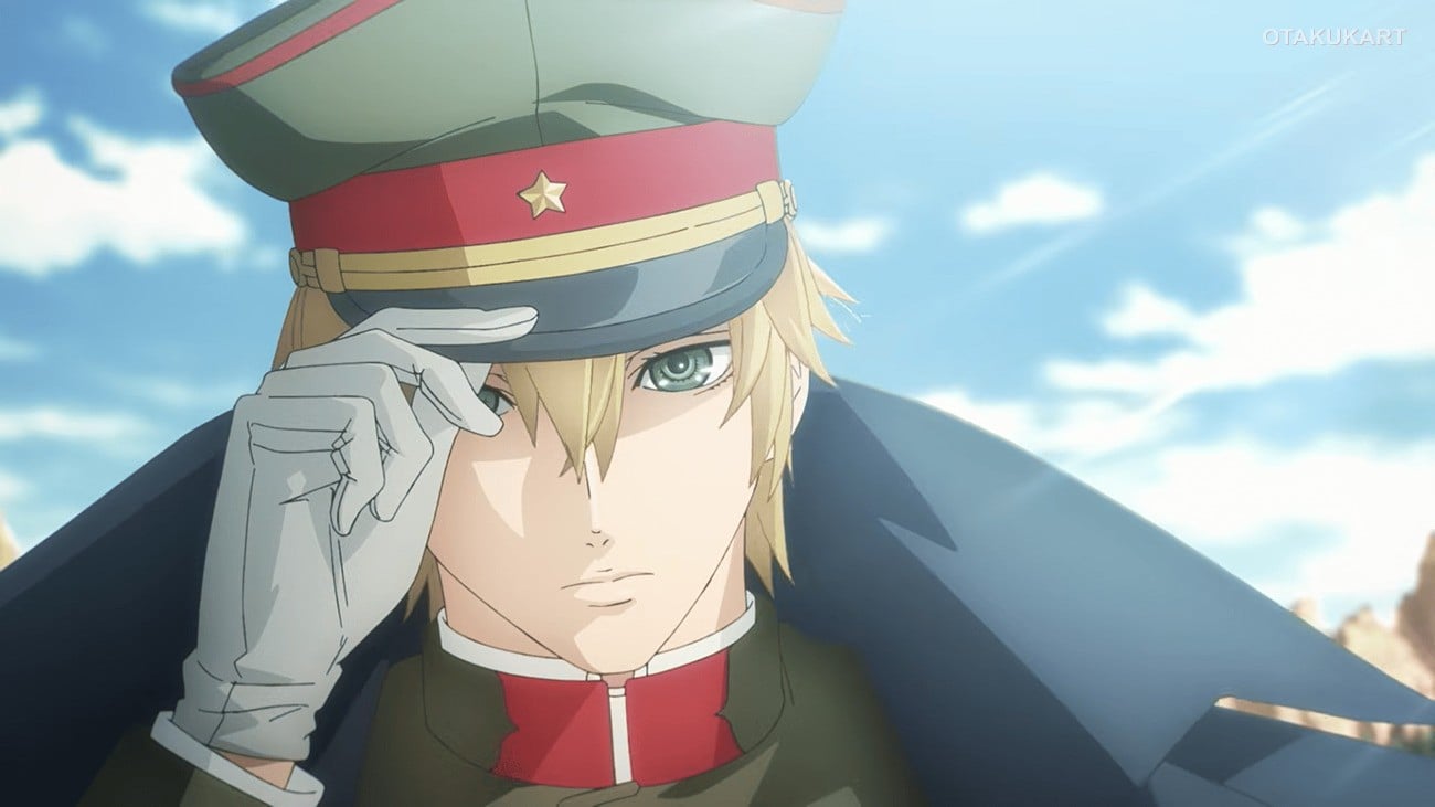 Blond military officer adjusts his cap in Recommendations from Iwamoto-Senpai anime promotional visual.
