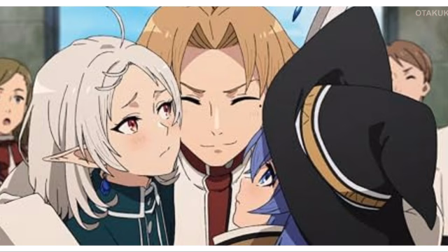 Rudeus Greyrat smiles alongside Sylphiette, Roxy Migurdia, and Eris Boreas Greyrat in Mushoku Tensei: Jobless Reincarnation anime