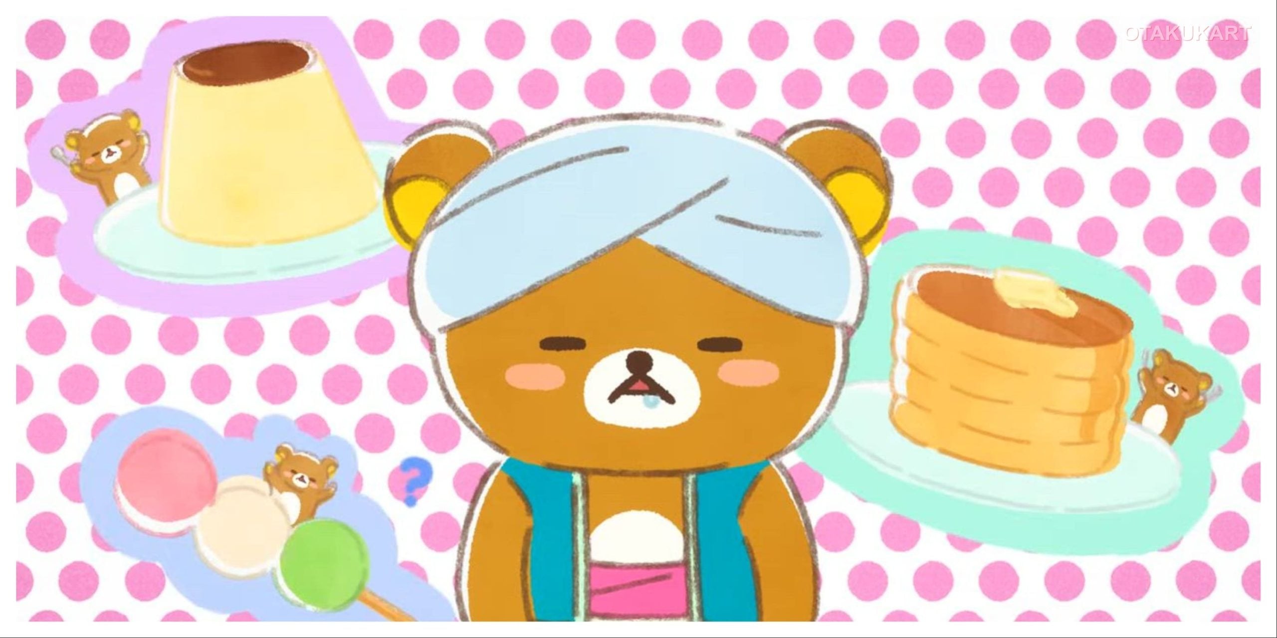 Rilakkuma wears a sleep mask and dreams about sweets, including pancakes, pudding, and macarons, in a scene from Rilakkuma: Relaxing Dream Trip.
