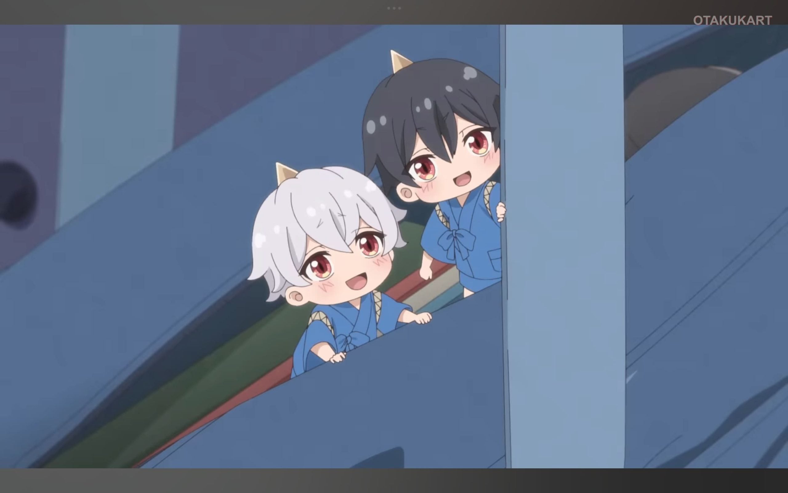 Two chibi ogre children peek around a doorway in The Ogre's Bride anime