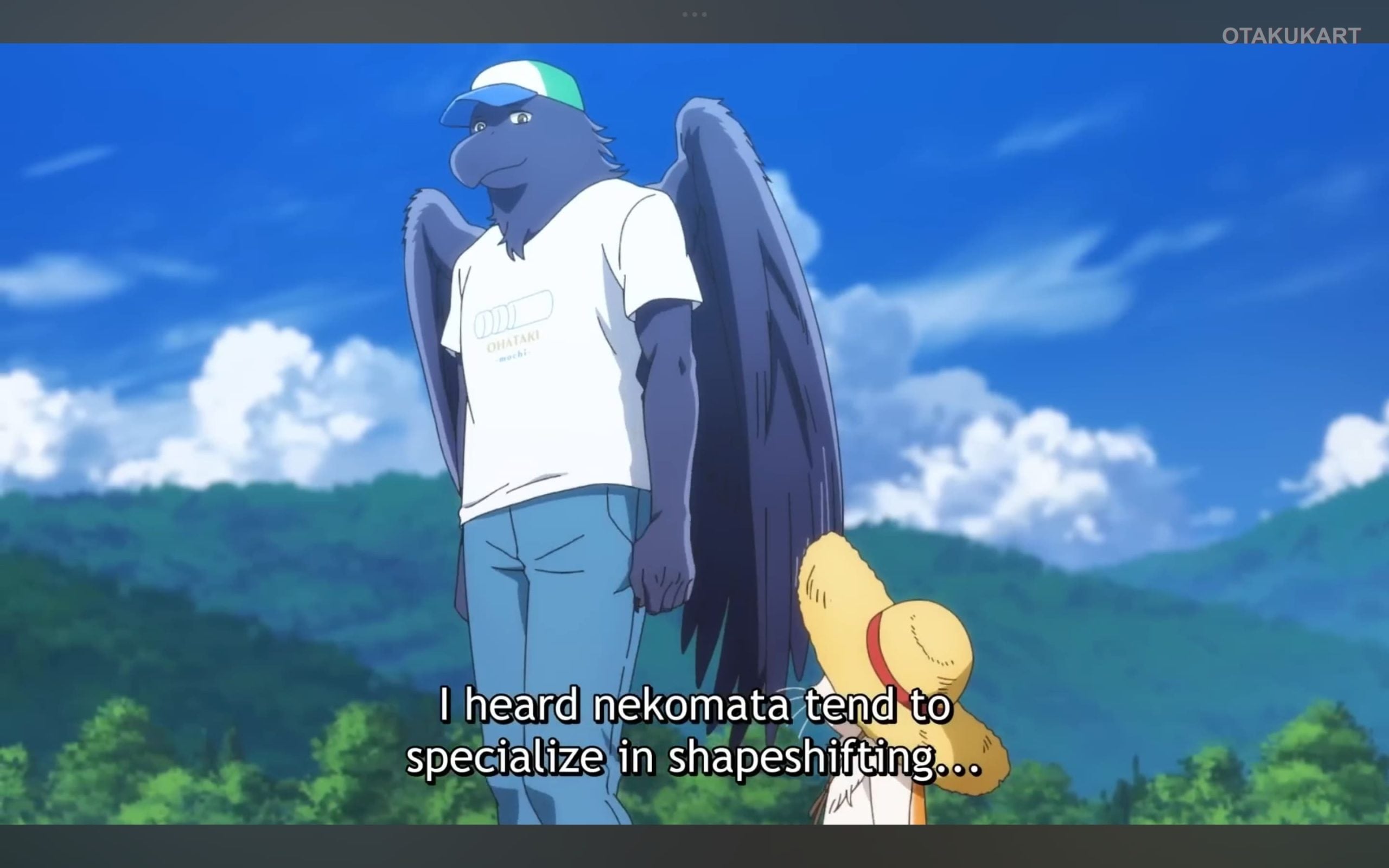 A winged yokai comforts a child in a peaceful forest scene from My Neighbor Yokai anime.