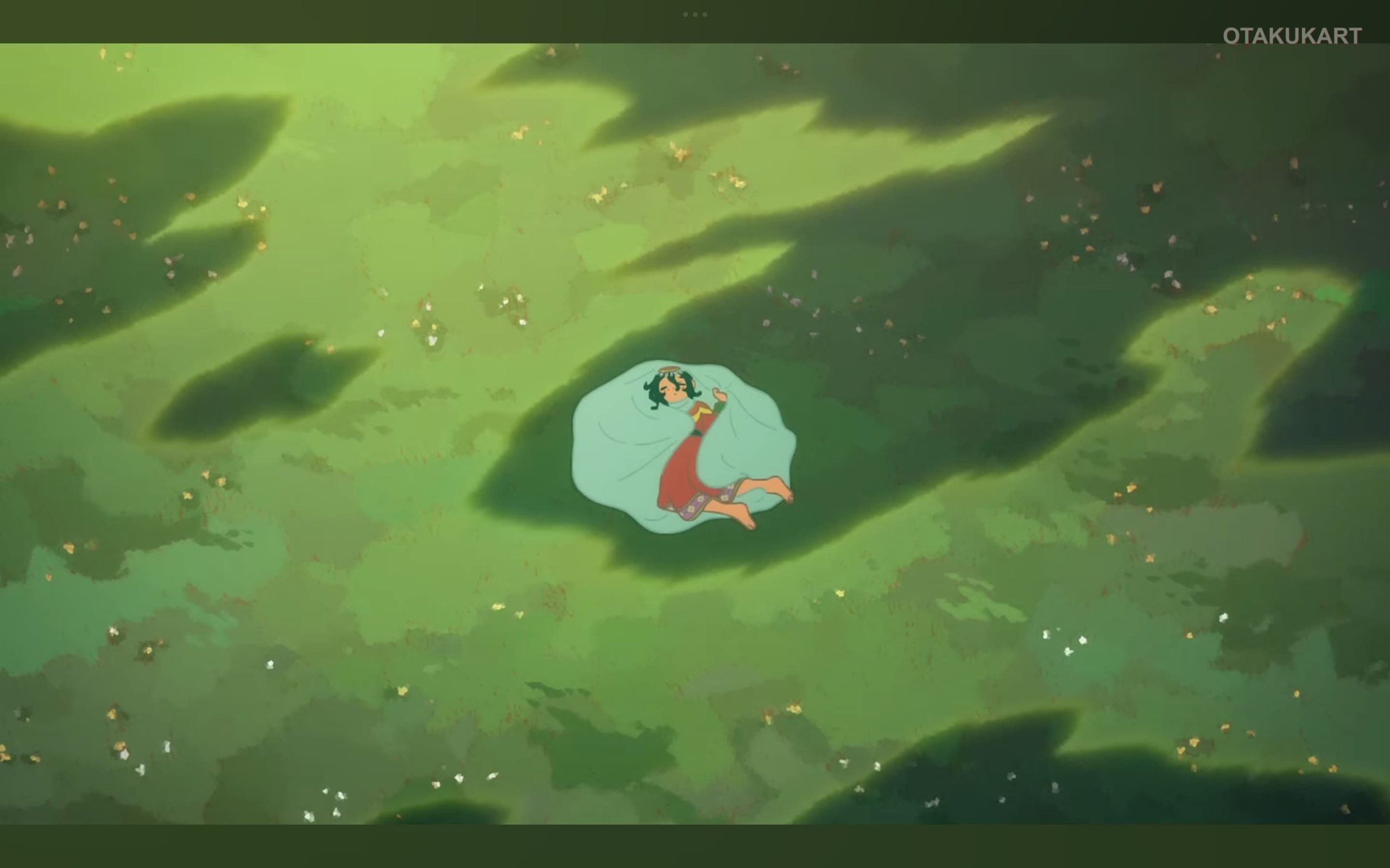 A young Fatima rests on a grassy field in Jaadugar: A Witch in Mongolia, as seen in SEKAI NO OWARI's "Stella" collaboration music video.