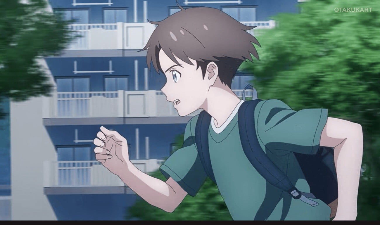 Makoto Natsume runs through a city street carrying his backpack in You, Fireworks, and Our Promise (Image via SynergySP and The Answer Studio).