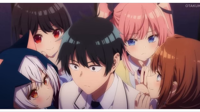 Arisu Yamabuki is surrounded by the members of the broadcasting club in Tune In to the Midnight Heart anime.