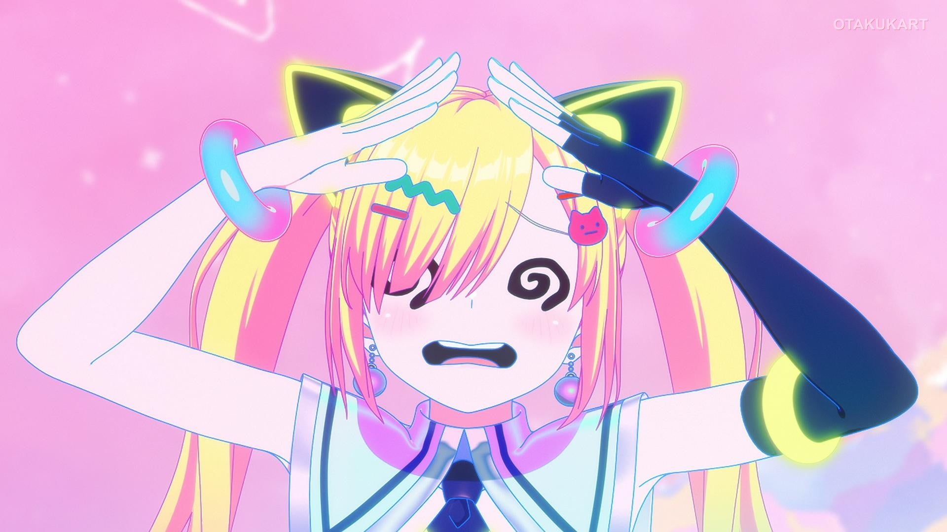 A character from BanG Dream! YUME∞MITA reacts during a colorful performance scene.