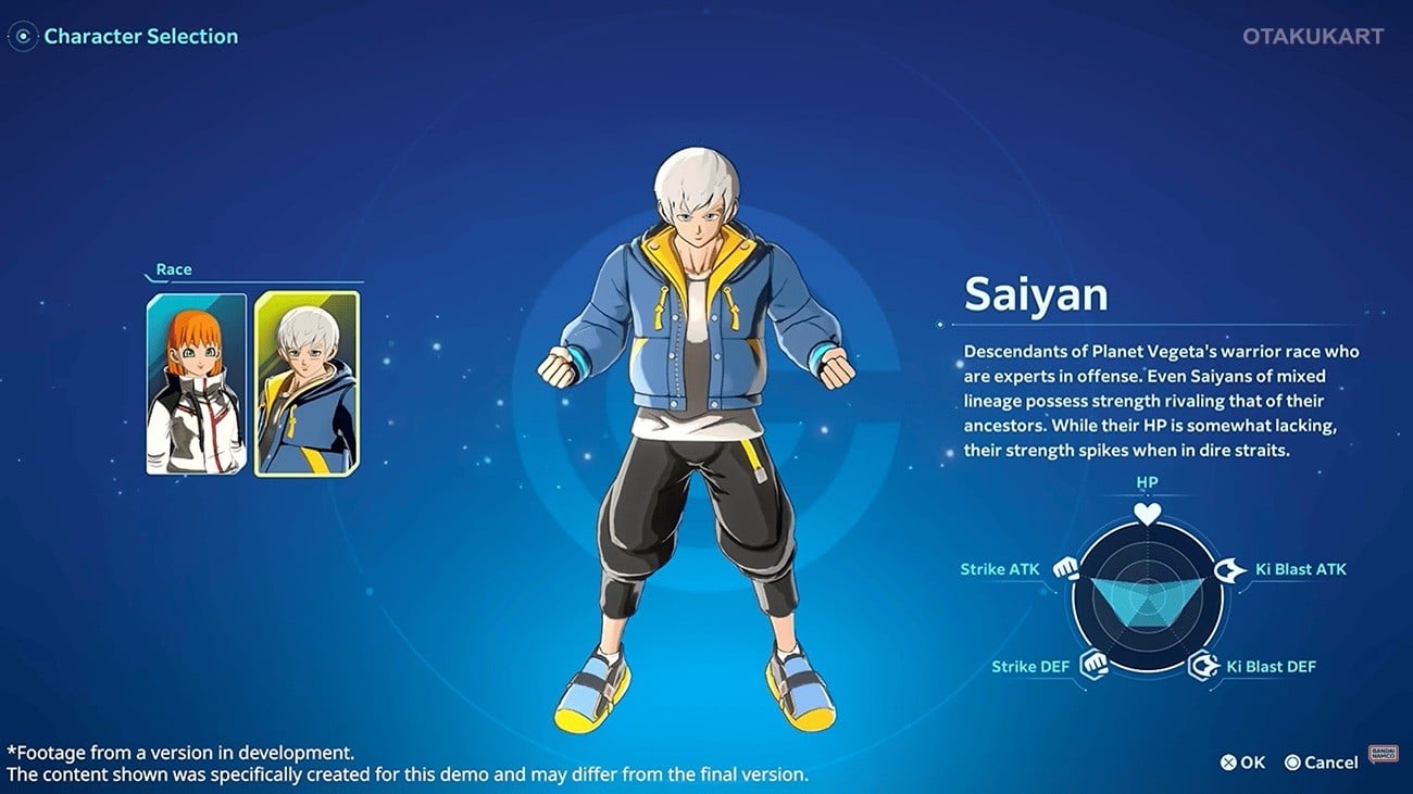 A custom Saiyan character is shown in the Dragon Ball Xenoverse 3 character creation menu.