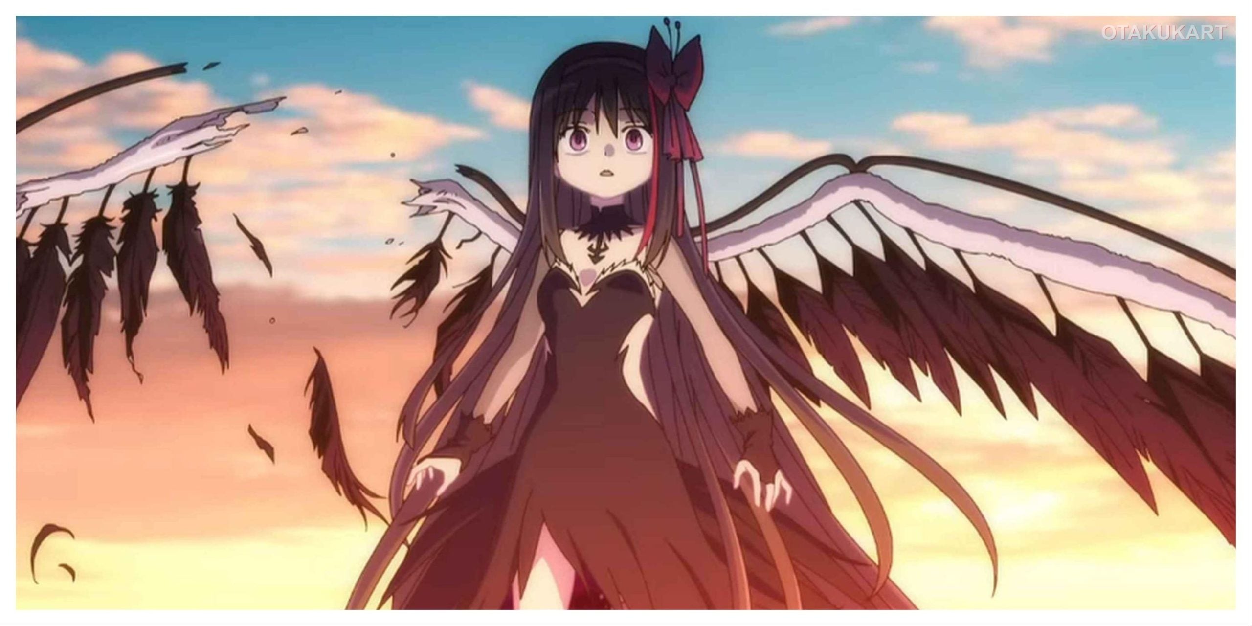 Homura Akemi appears in her Devil Homura form with black wings spread wide in Puella Magi Madoka Magica the Movie: Walpurgisnacht: Rising.