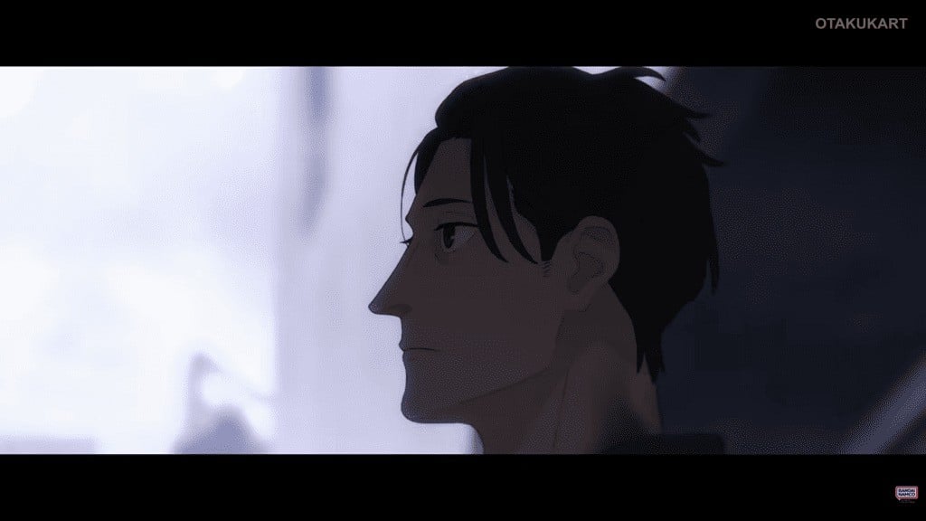 Close-up of the main character from ghost – end of night in the film's first teaser trailer.