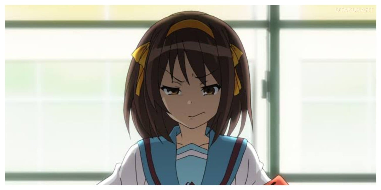 Haruhi Suzumiya wearing her SOS Brigade leader armband in The Melancholy of Haruhi Suzumiya anime