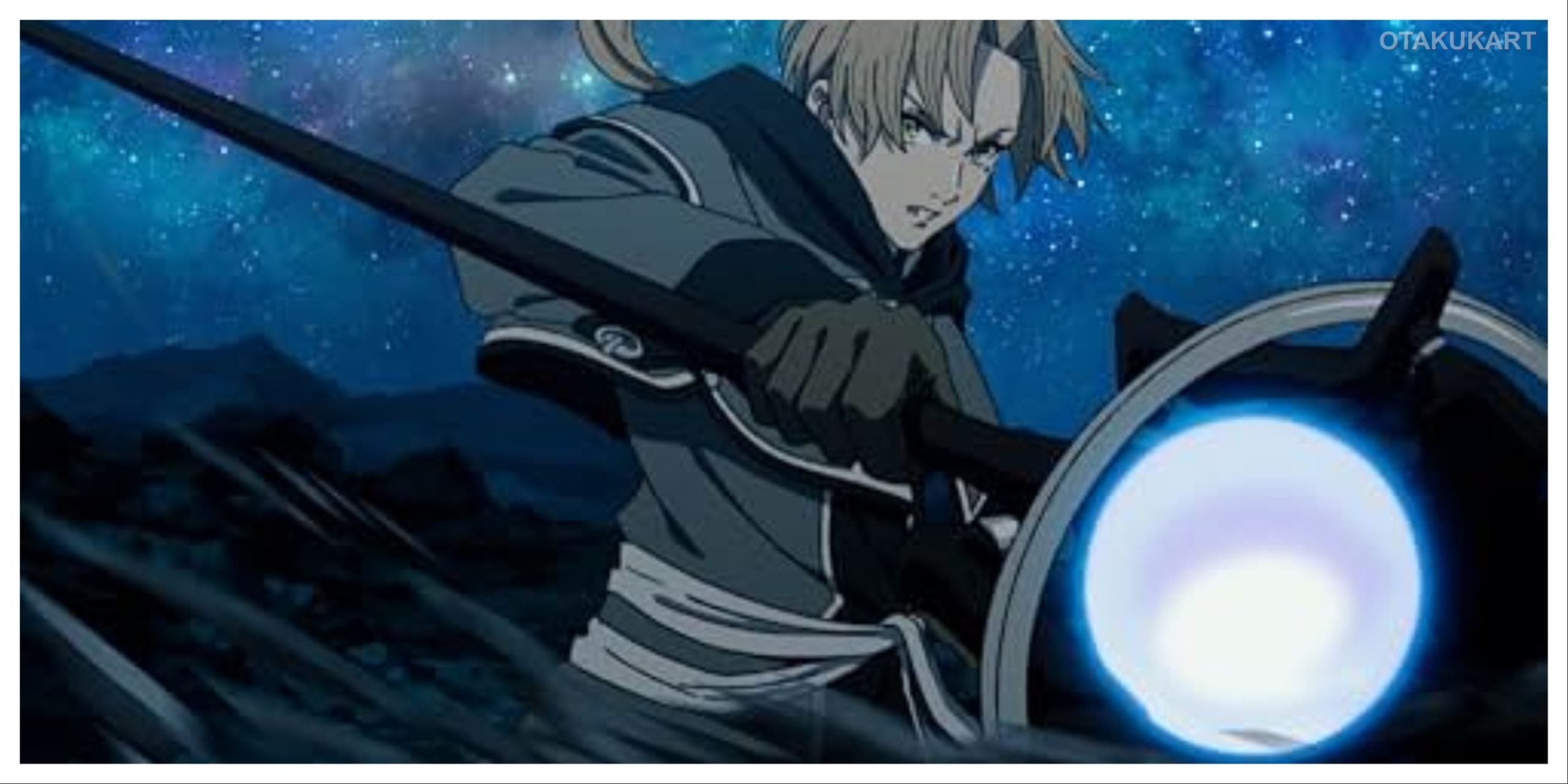 Rudeus Greyrat channels powerful magic with his staff during a nighttime battle in Mushoku Tensei: Jobless Reincarnation anime