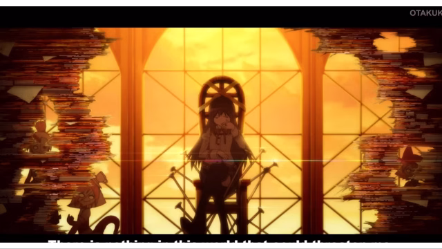 Homura Akemi sits on a throne surrounded by towering stacks of books in a scene from Puella Magi Madoka Magica the Movie: Walpurgisnacht: Rising.
