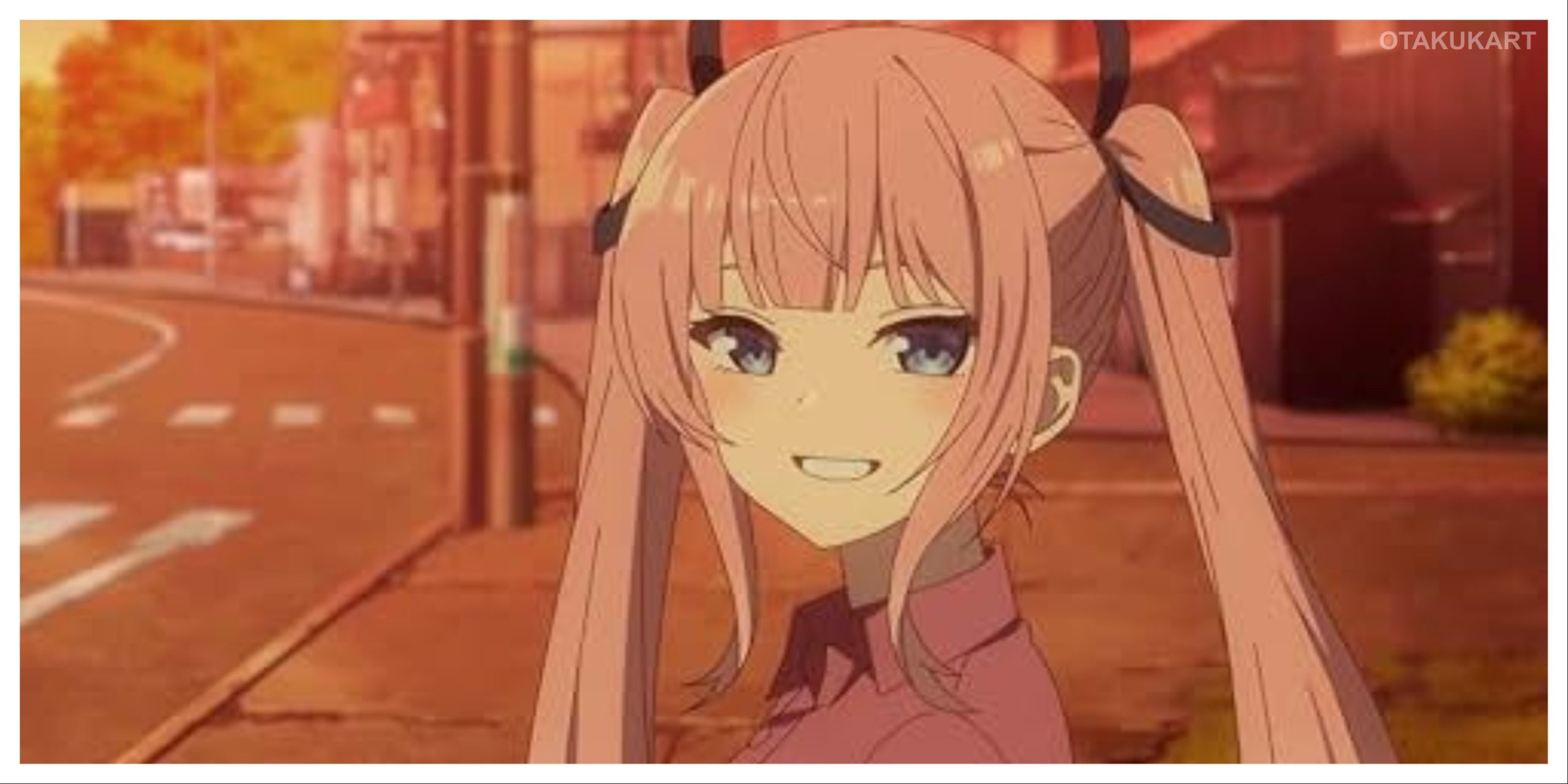 Shinobu Uzuki smiles during a sunset scene in Tune In to the Midnight Heart anime.