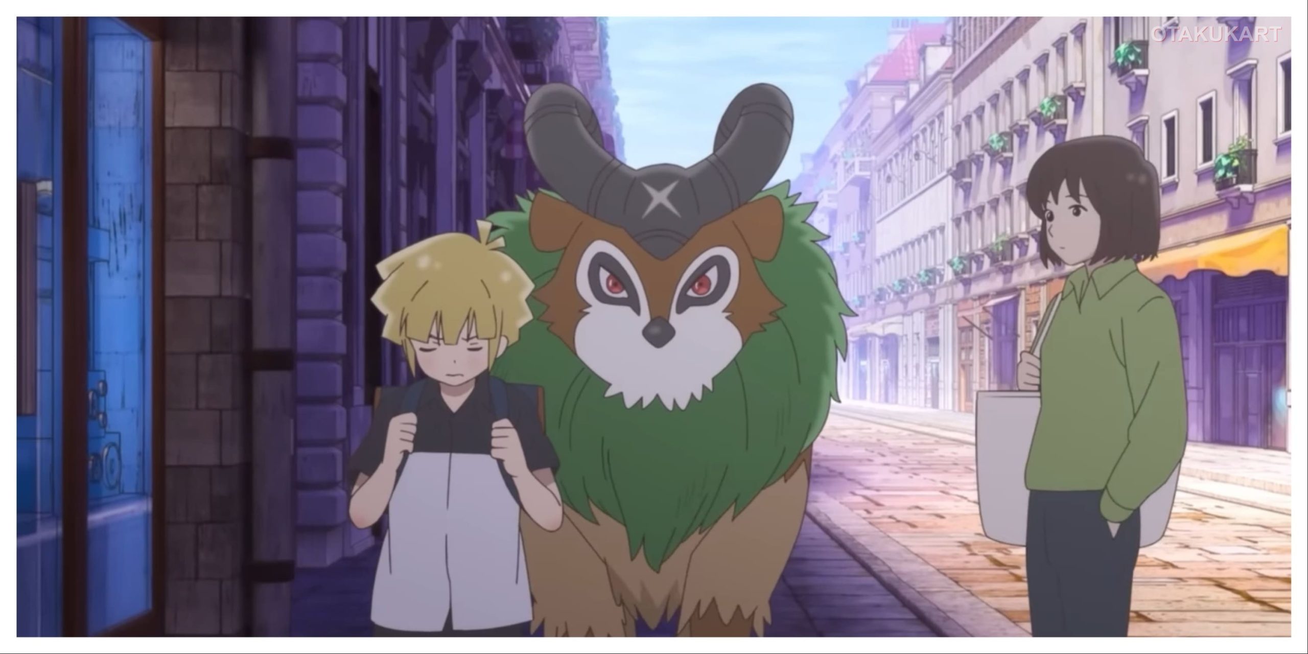 Julian walks beside a scarred Gogoat in a city street in My Gogoat Journey, a POKÉTOON Season 2 animated short.