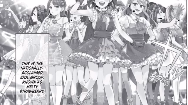 Melty Strawberry idol group performs in Promise Me the Spotlight manga by Jun Wakatsuki.