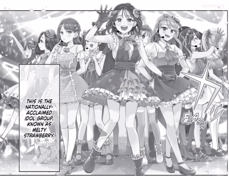 Melty Strawberry idol group performs in Promise Me the Spotlight manga by Jun Wakatsuki.