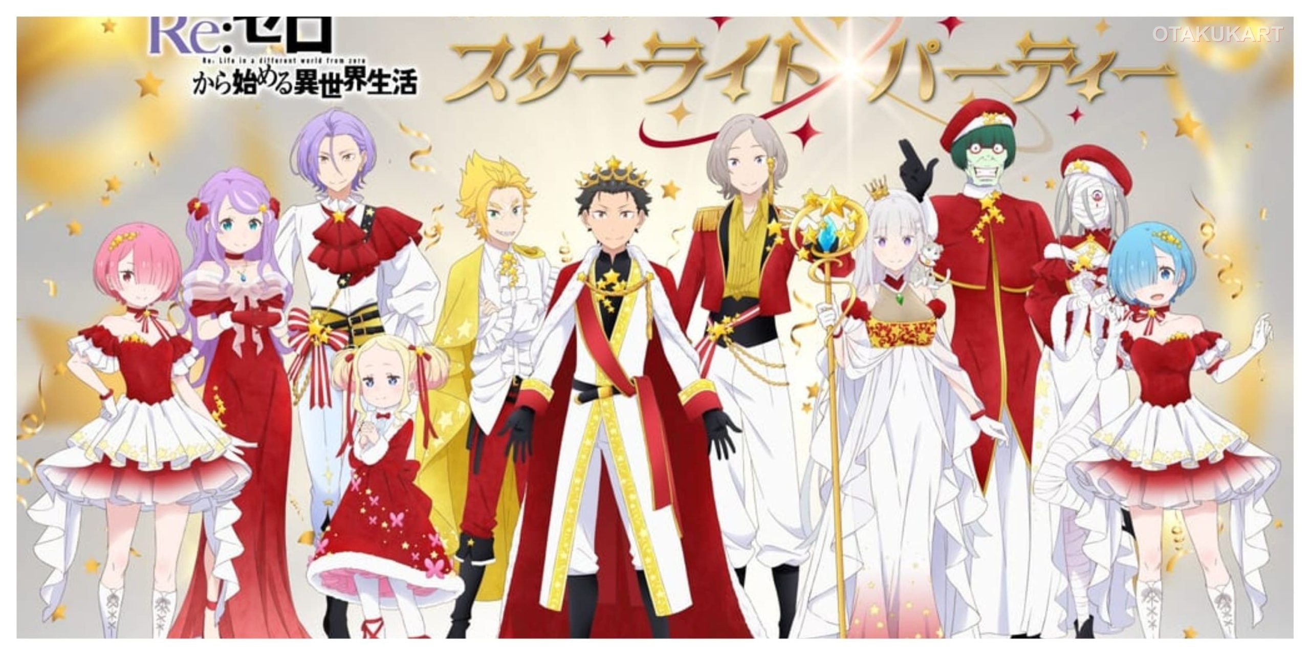 Subaru, Emilia, Rem, Ram, Beatrice, Otto, Garfiel, Roswaal, Petra, Frederica, and Meili in the Re:Zero: Starting Life in Another World 10th anniversary key visual.