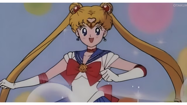 Sailor Moon in her classic sailor guardian outfit during an iconic transformation scene.