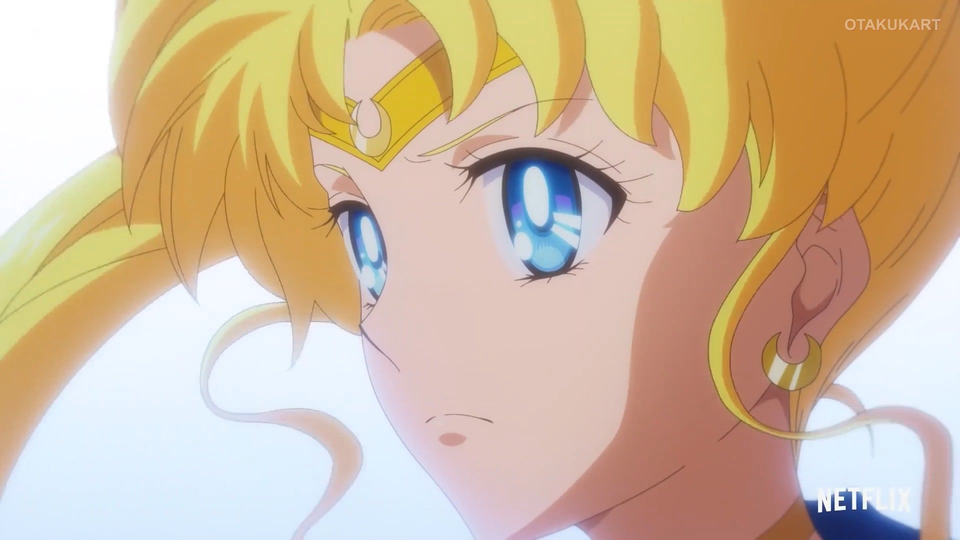 Close-up of Sailor Moon from Pretty Guardian Sailor Moon Eternal with her signature blue eyes and golden hair.